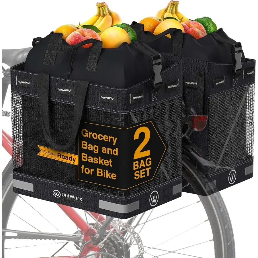 Grocery Panniers for Bicycles and Ebikes - Water Resistant Rear Rack Bags with Detachable Inner Grocery Bag and Folding Basket
