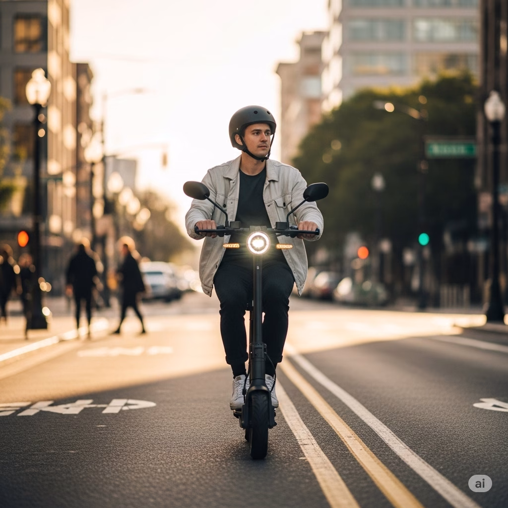 An adult wearing a helmet and a light-colored jacket rides a sleek electric scooter down a city street at sunset.